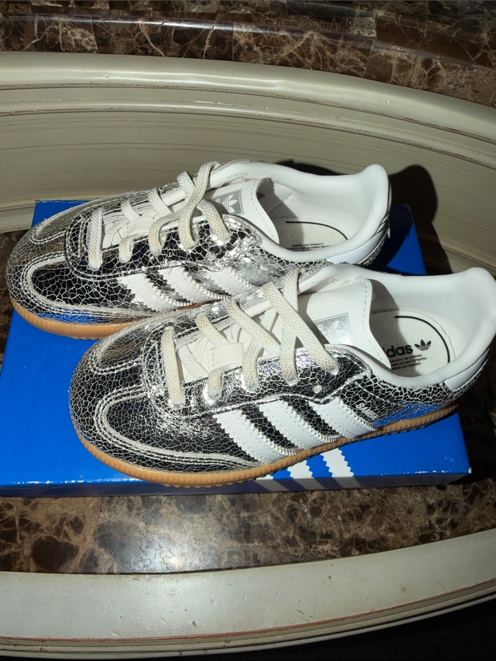 adidas Kids Metallic Silver Cracked Leather Sneakers with White Stripes
